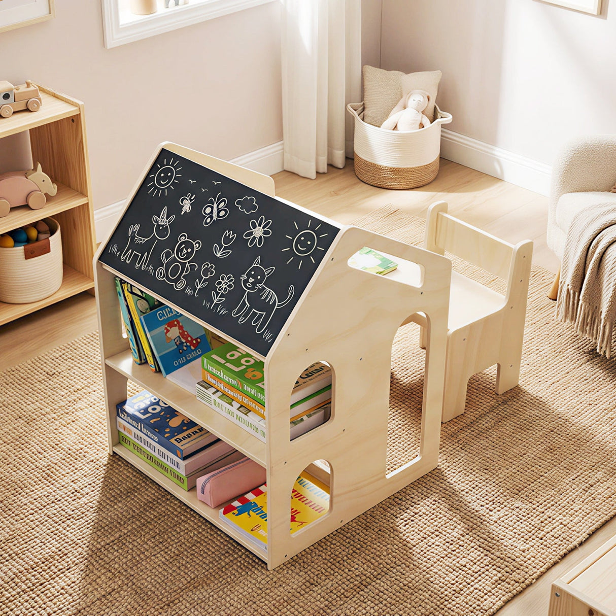 Juego de Mesa y Sillas de Madera con Forma de Casita para Niños con Actividades - Natural