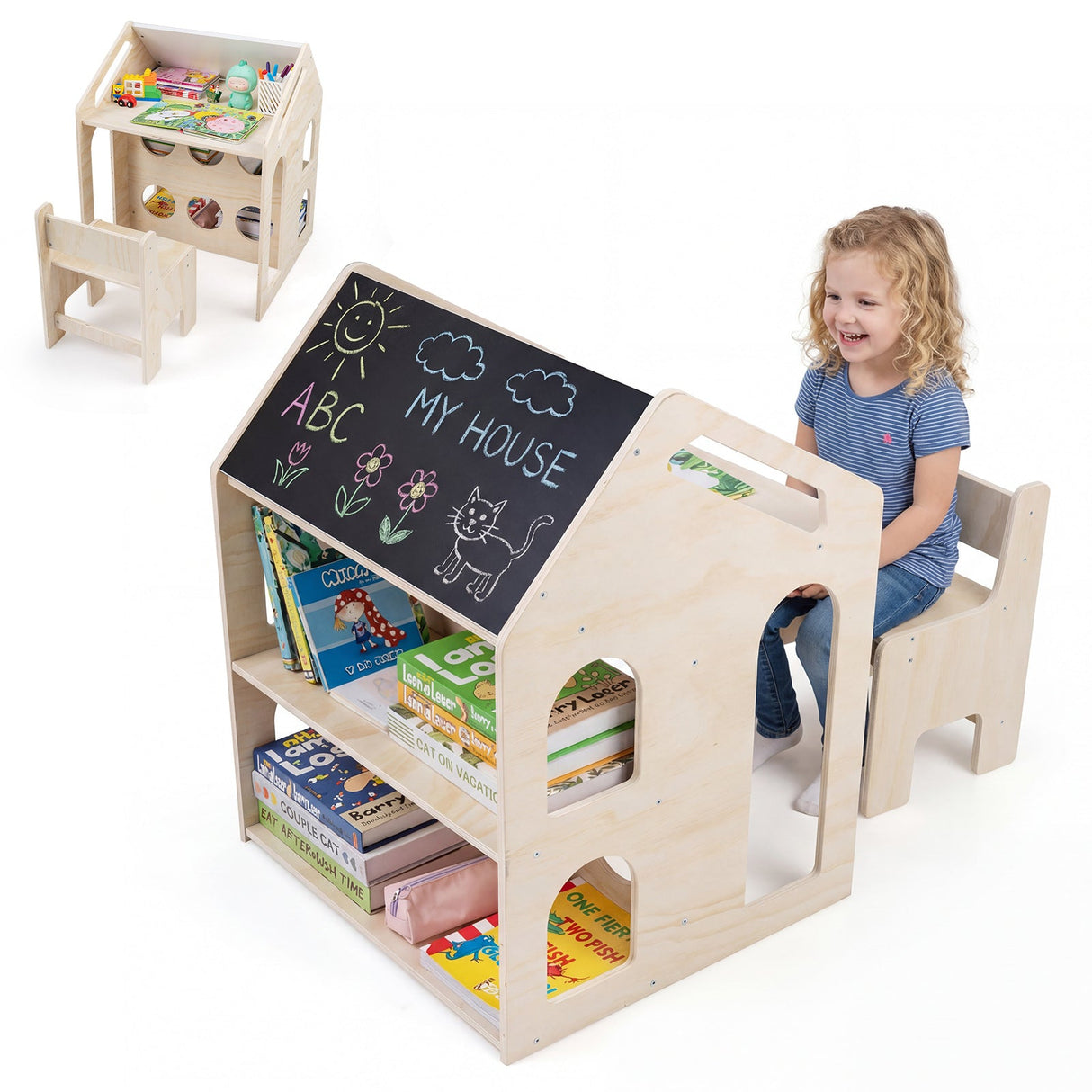 Juego de Mesa y Sillas de Madera con Forma de Casita para Niños con Actividades - Natural