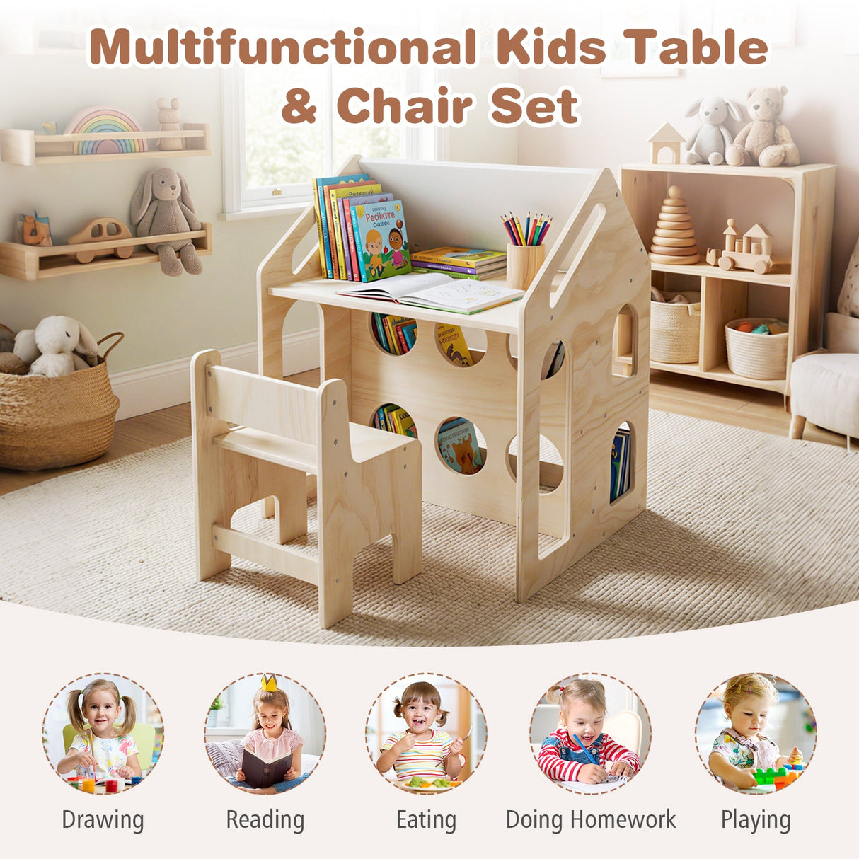 Juego de Mesa y Sillas de Madera con Forma de Casita para Niños con Actividades - Natural