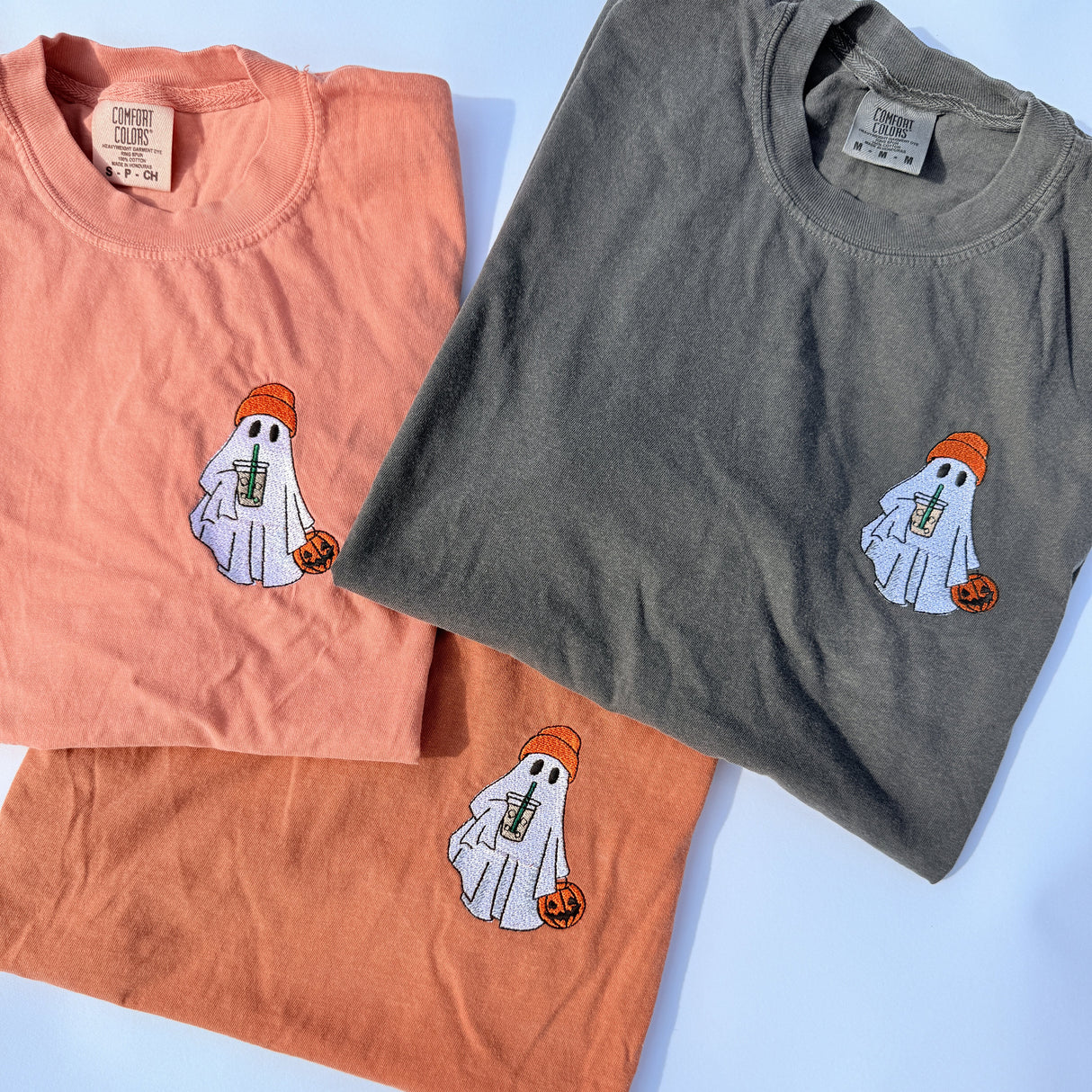 Adult Embroidered Iced Coffee Ghost Comfort Colors Tee - more colors