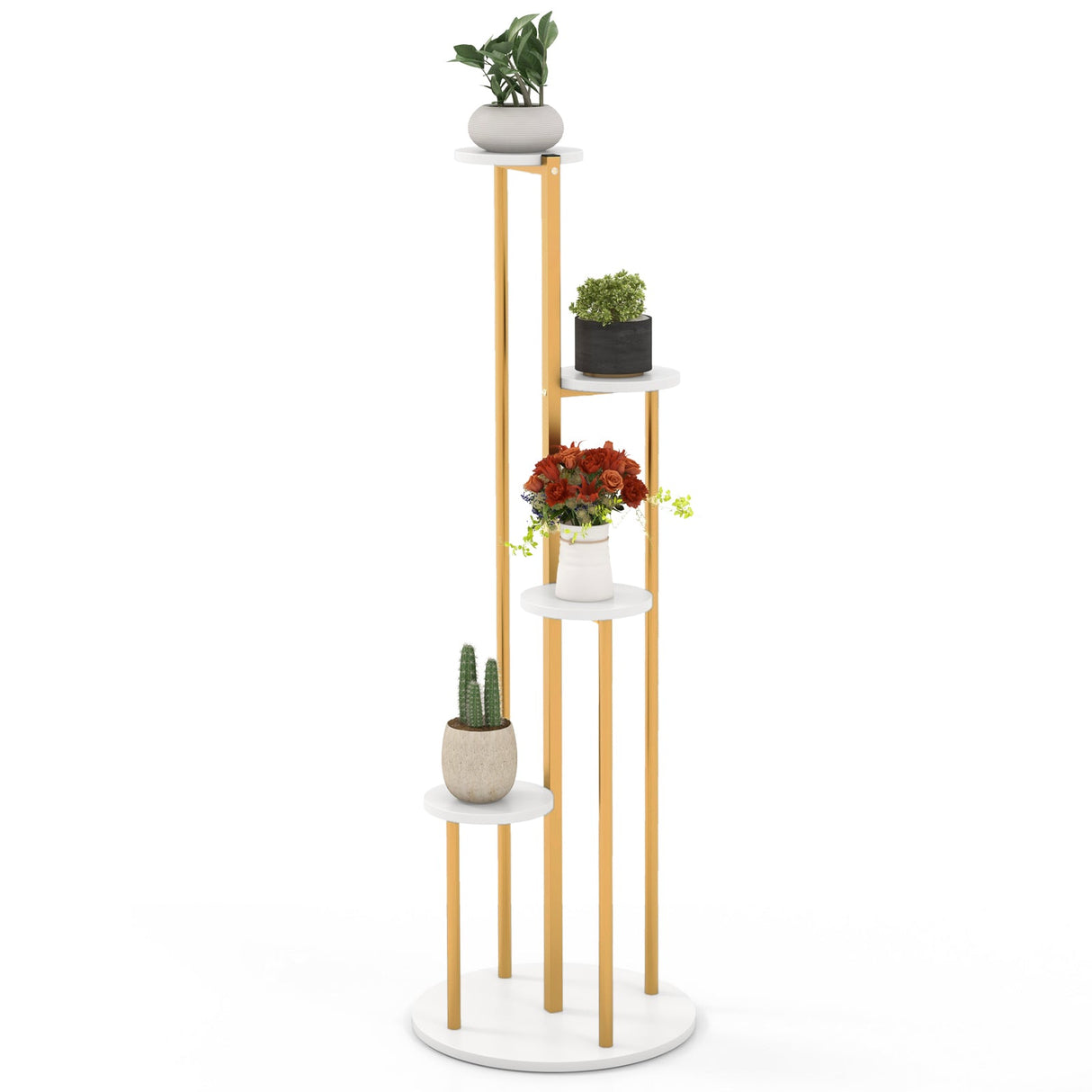 Soporte esquinero de metal para plantas de interior con marco metálico dorado - Blanco
