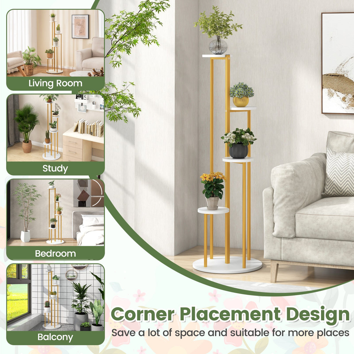 Soporte esquinero de metal para plantas de interior con marco metálico dorado - Blanco