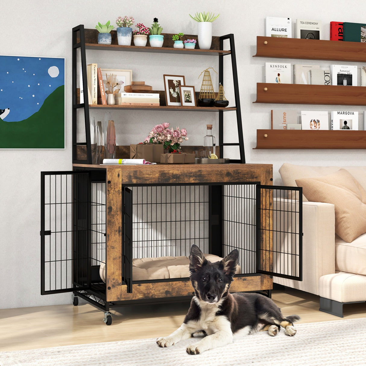 Mueble Jaula Industrial para Perros con Estantes de Almacenamiento