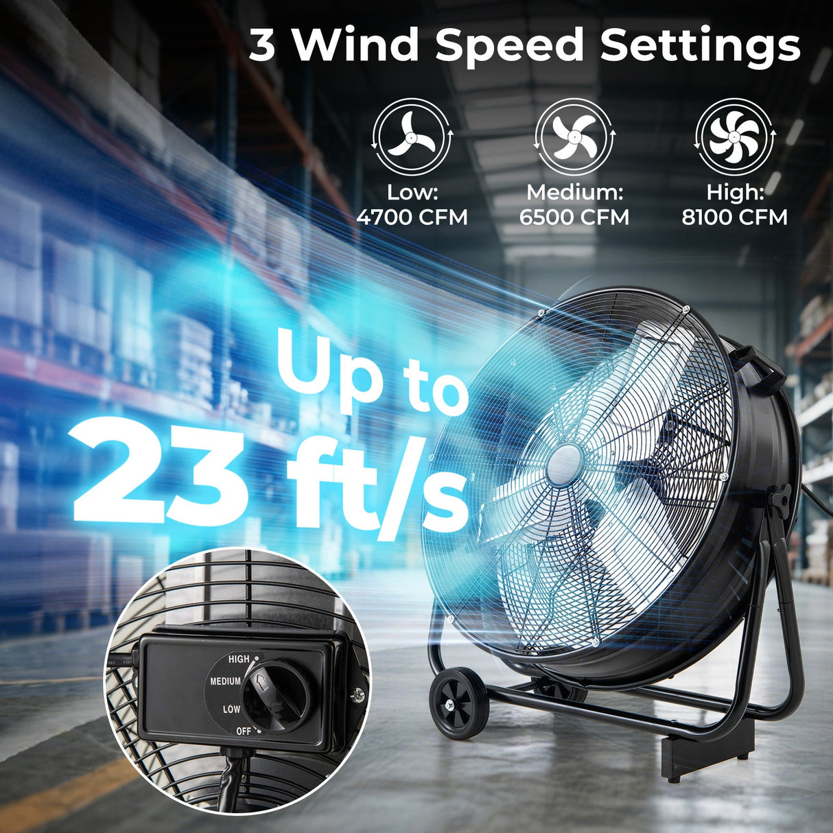 Ventilador industrial de tambor con 2 ruedas y basculación ajustable de 360 grados-Negro