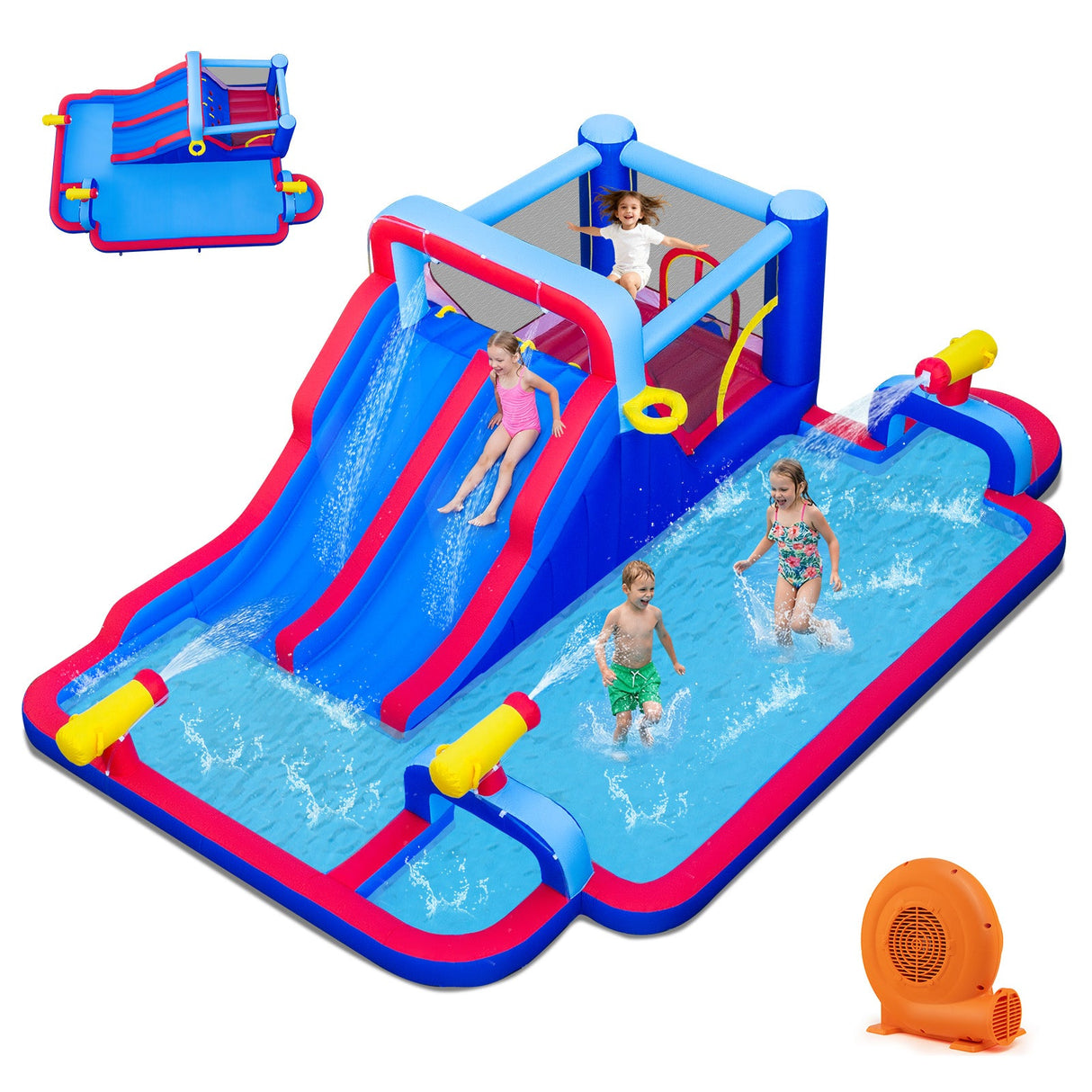 Casa de Rebotar Inflable con 2 Toboganes Acuáticos y 3 Cañones de Agua Con Soplador de 680W