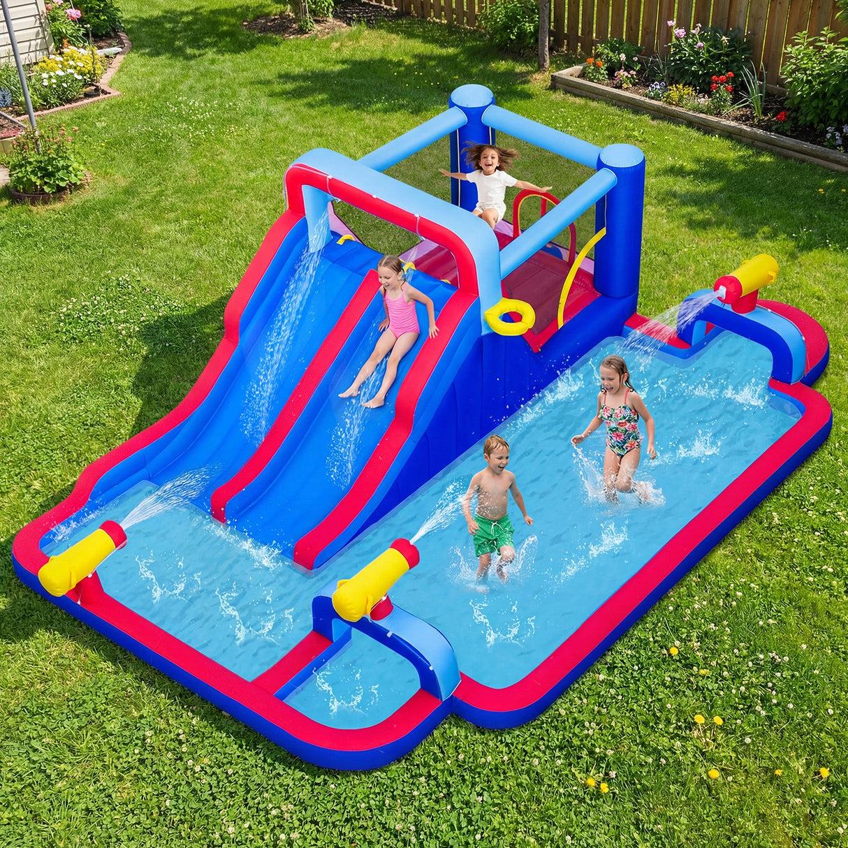 Casa de Rebotar Inflable con 2 Toboganes Acuáticos y 3 Cañones de Agua Con Soplador de 680W