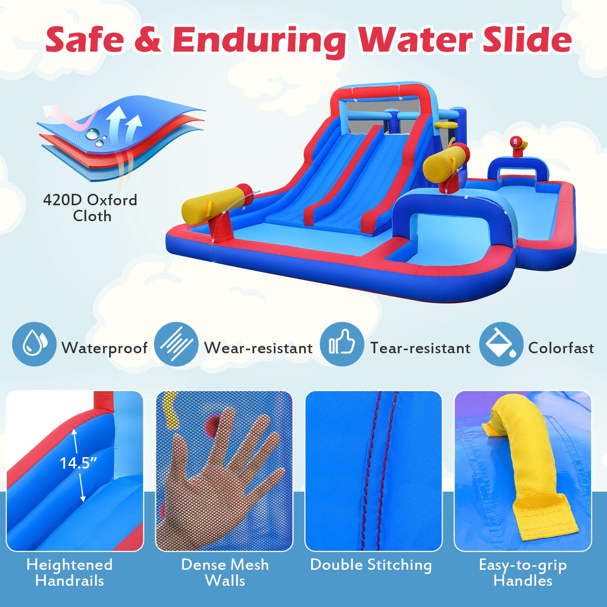Casa de Rebotar Inflable con 2 Toboganes Acuáticos y 3 Cañones de Agua Con Soplador de 680W