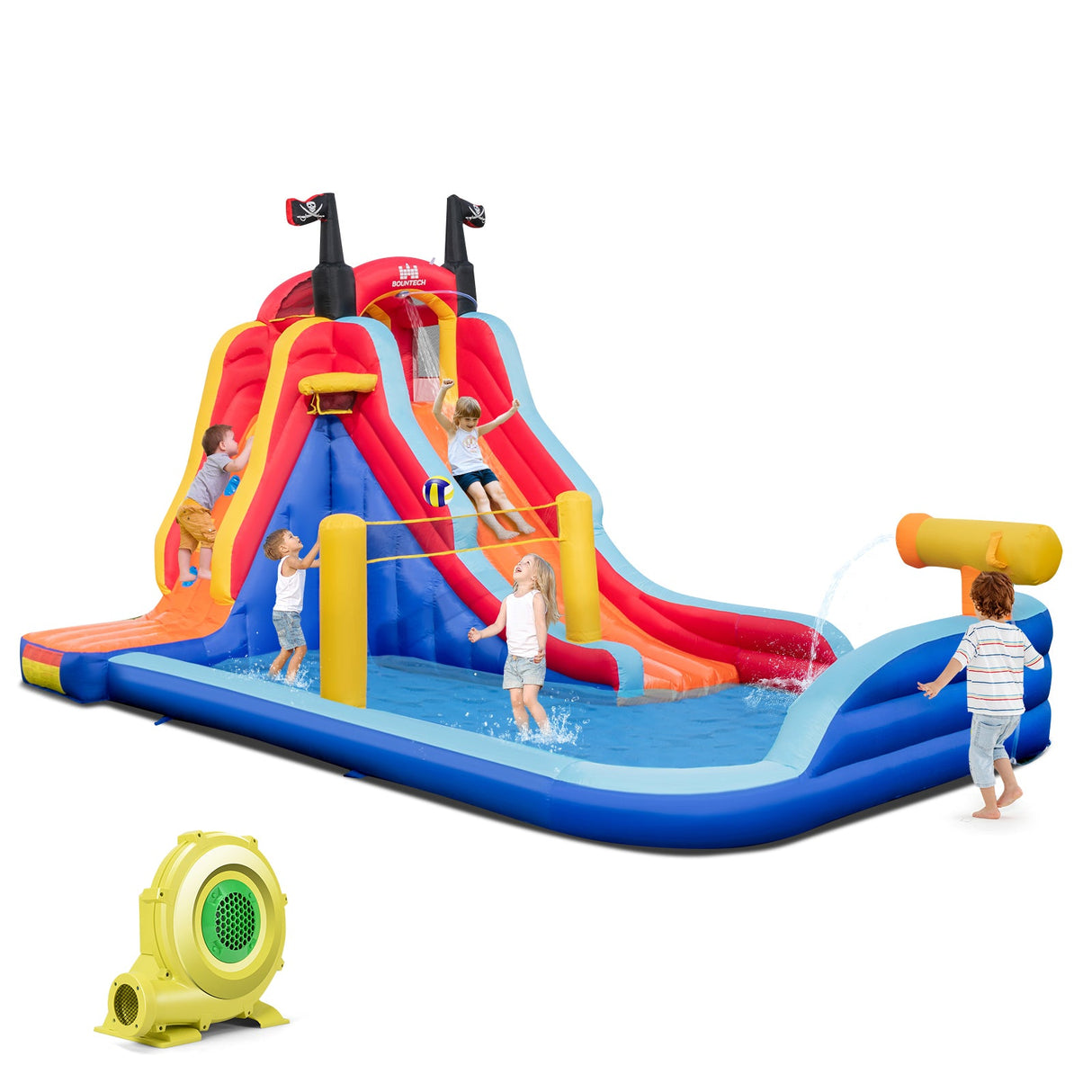 Castillo hinchable 5 en 1 con 2 toboganes de agua y piscina de salpicaduras grande con soplador de 735 W