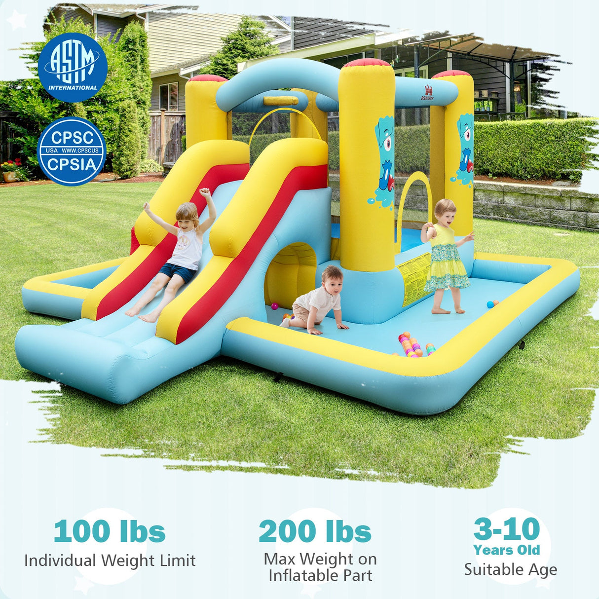 Castillo Hinchable Inflable 7 en 1 con Tobogán y Túnel sin Soplador