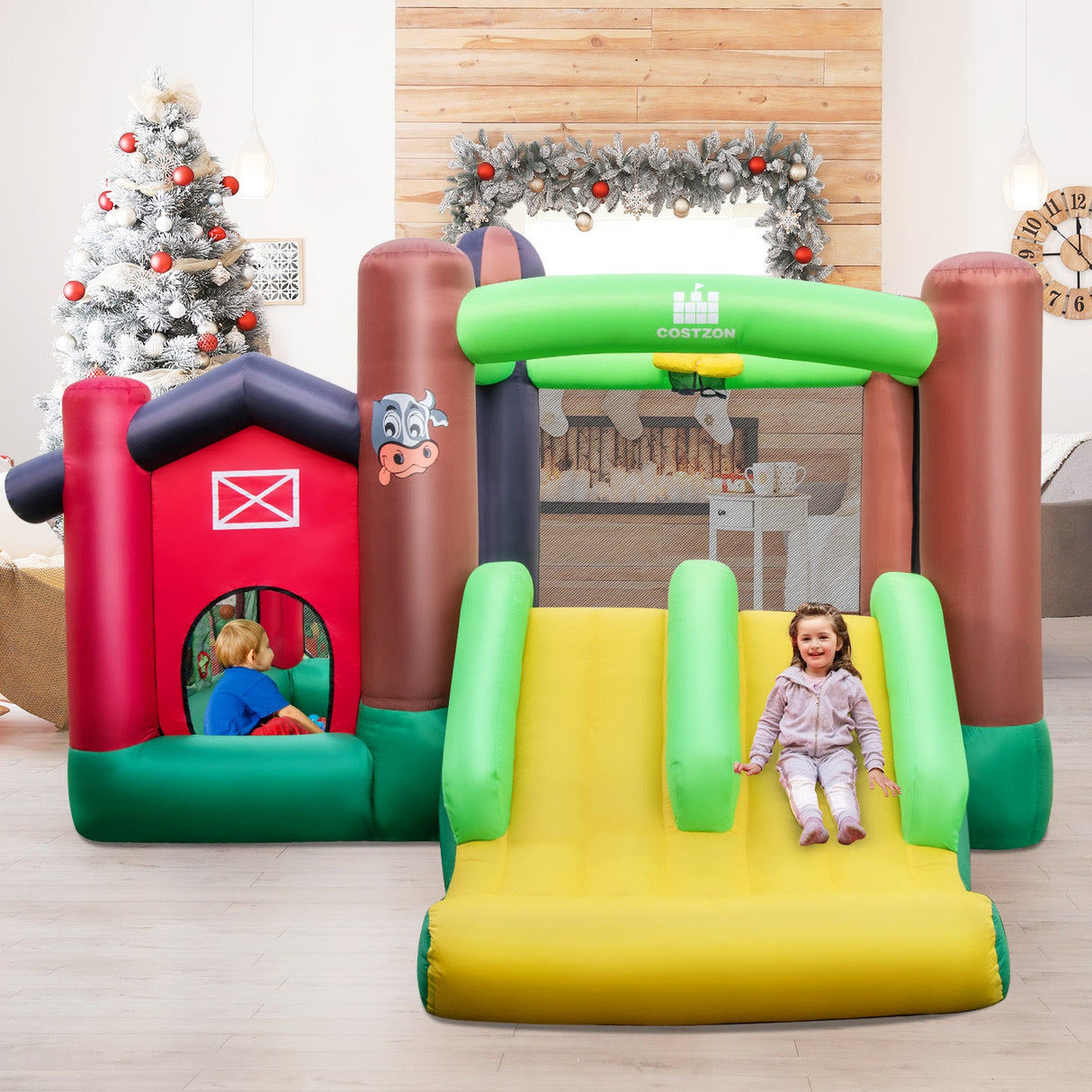 Castillo Hinchable Temático de Granja 6 en 1 con Trampolín y Soplador de 735W