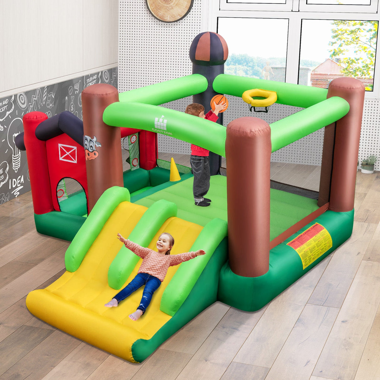 Castillo Hinchable Temático de Granja 6 en 1 con Trampolín y Soplador de 735W