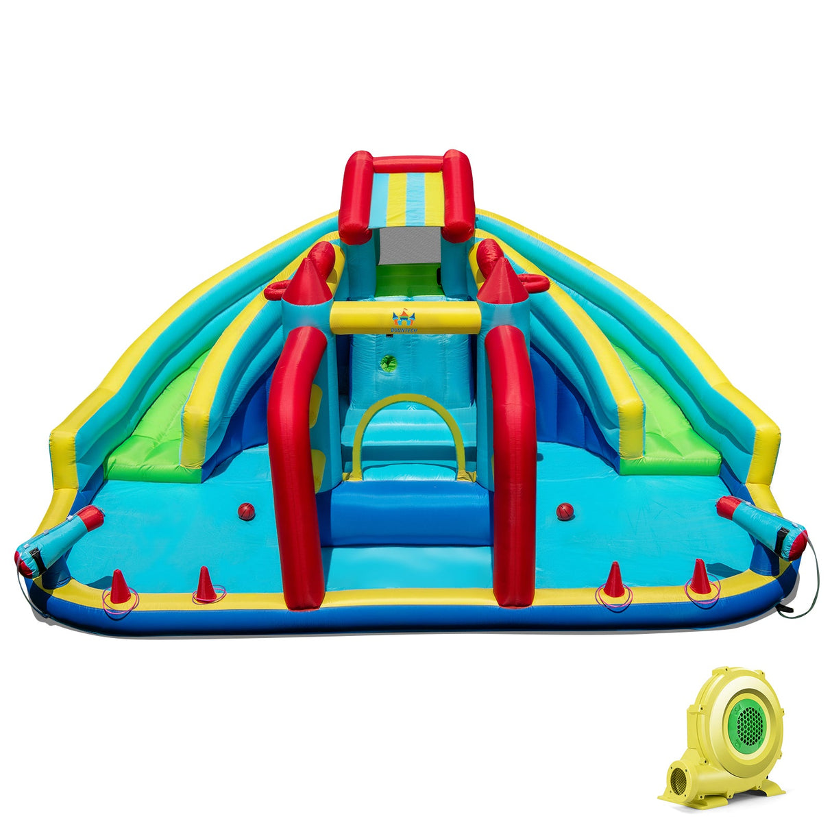 Parque Acuático Hinchable Doble con Tobogán, Pista de Obstáculos y Soplador de 735W