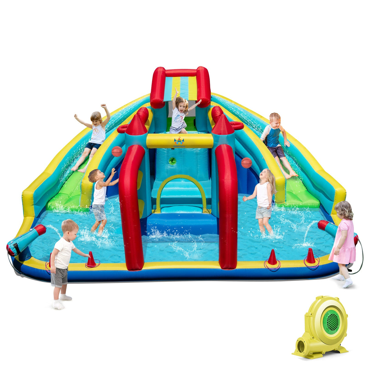 Parque Acuático Hinchable Doble con Tobogán, Pista de Obstáculos y Soplador de 735W