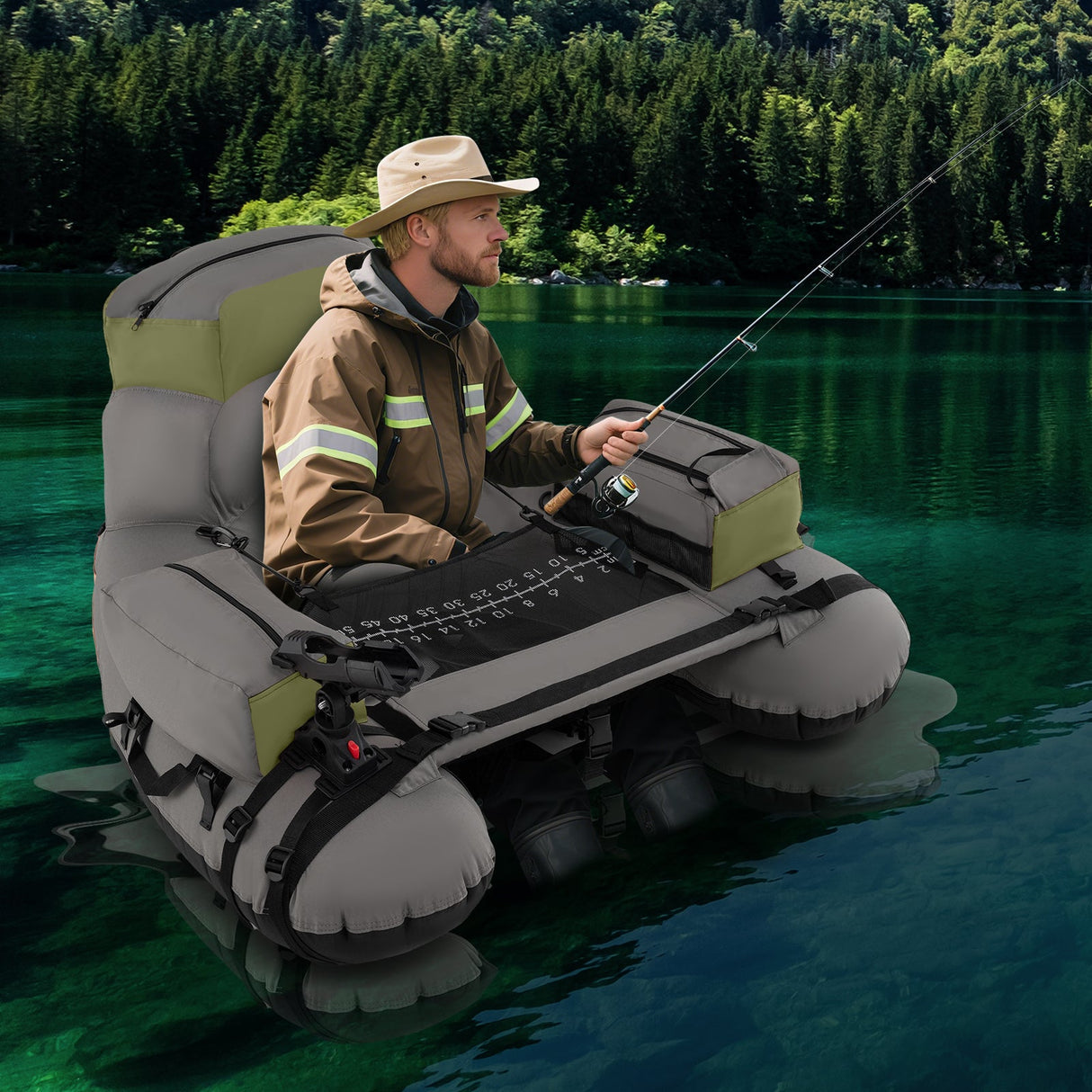 Tubo Flotador Hinchable de Pesca con Correas de Hombro y Almacenamiento para la Pesca con Caña