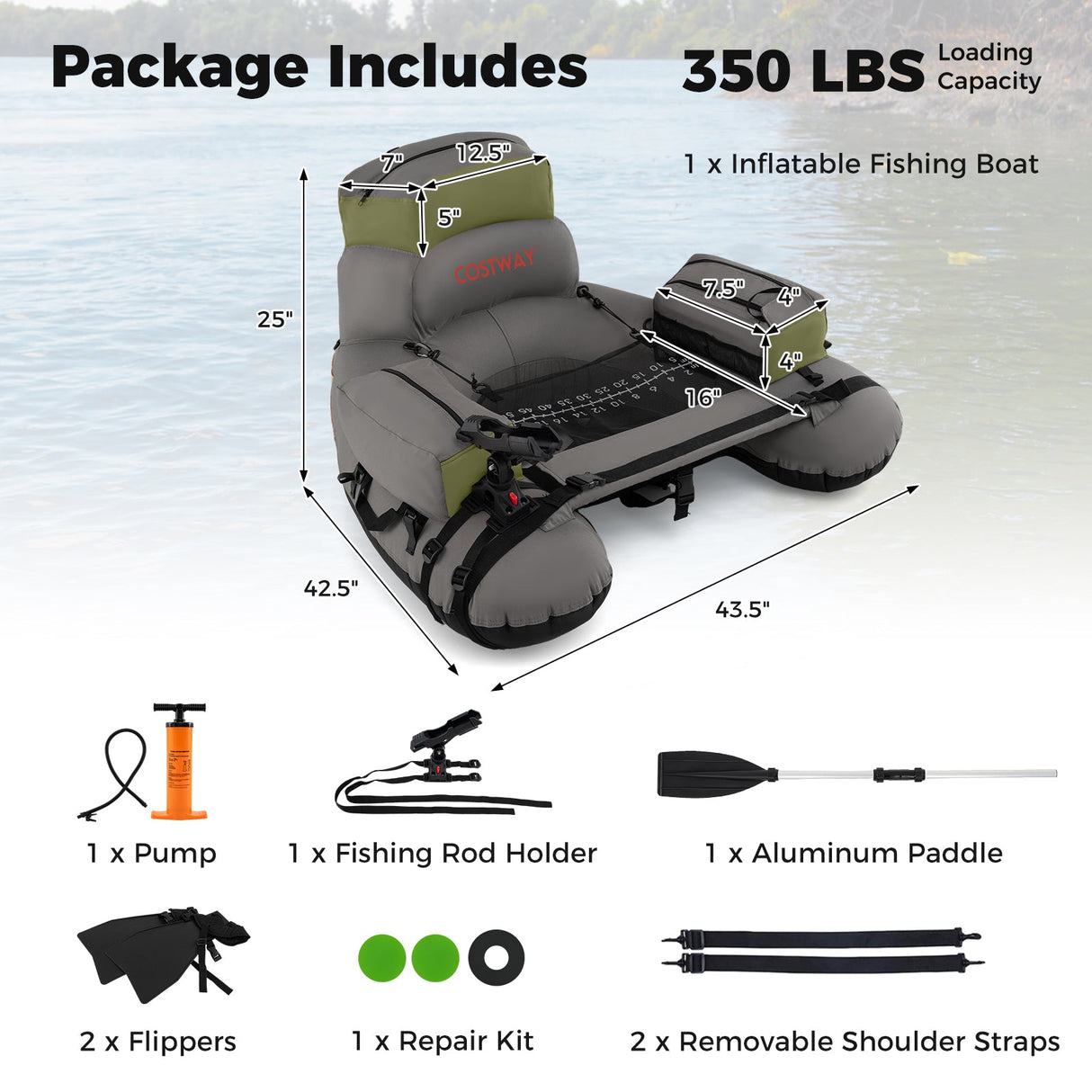 Tubo Flotador Hinchable de Pesca con Correas de Hombro y Almacenamiento para la Pesca con Caña