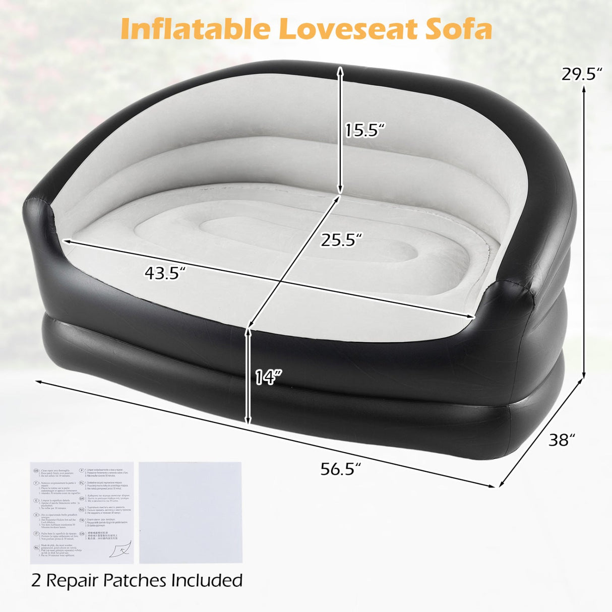 Sofá inflable de dos plazas, portátil y plegable, para adultos, con superficie flocada - Gris