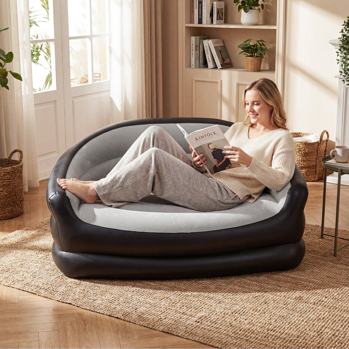 Sofá inflable de dos plazas, portátil y plegable, para adultos, con superficie flocada - Gris