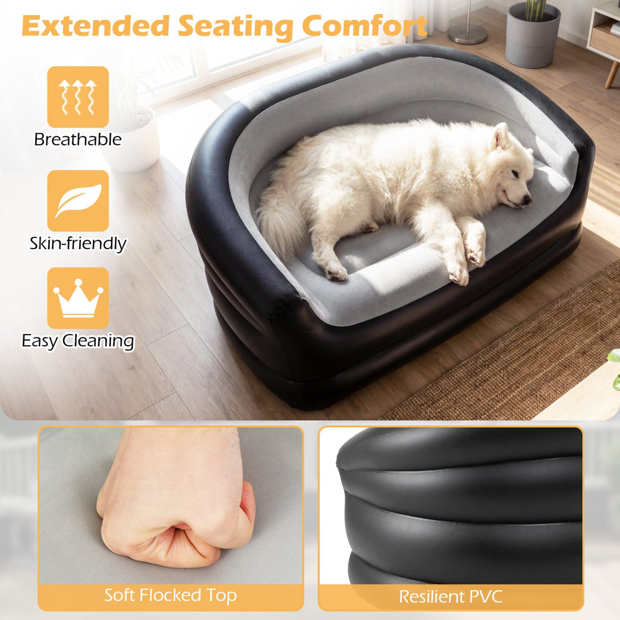 Sofá inflable de dos plazas, portátil y plegable, para adultos, con superficie flocada - Gris