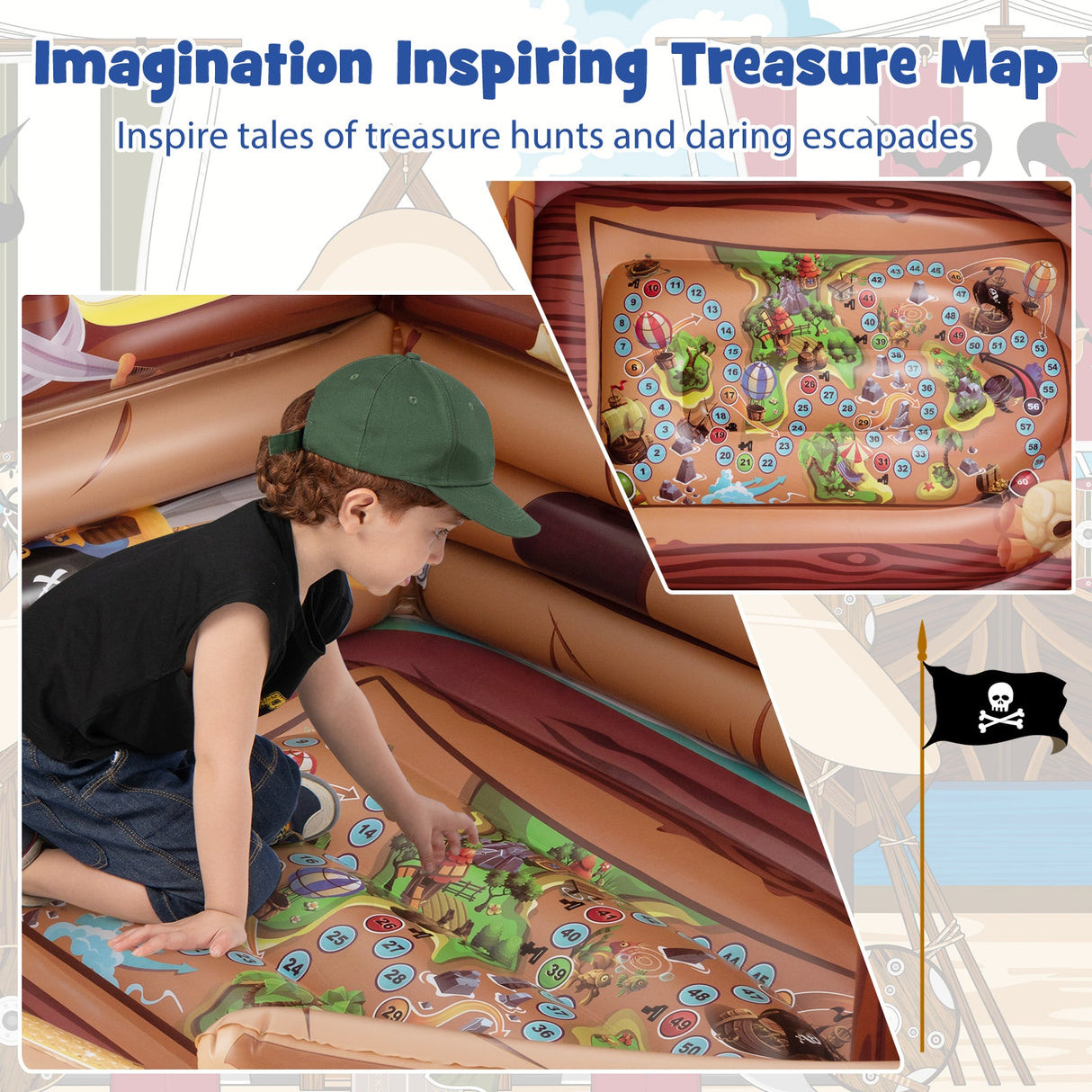 Inflatable Pirate Ship Playhouse with Built-in Motor and Inflatable Toy Sword-Brown