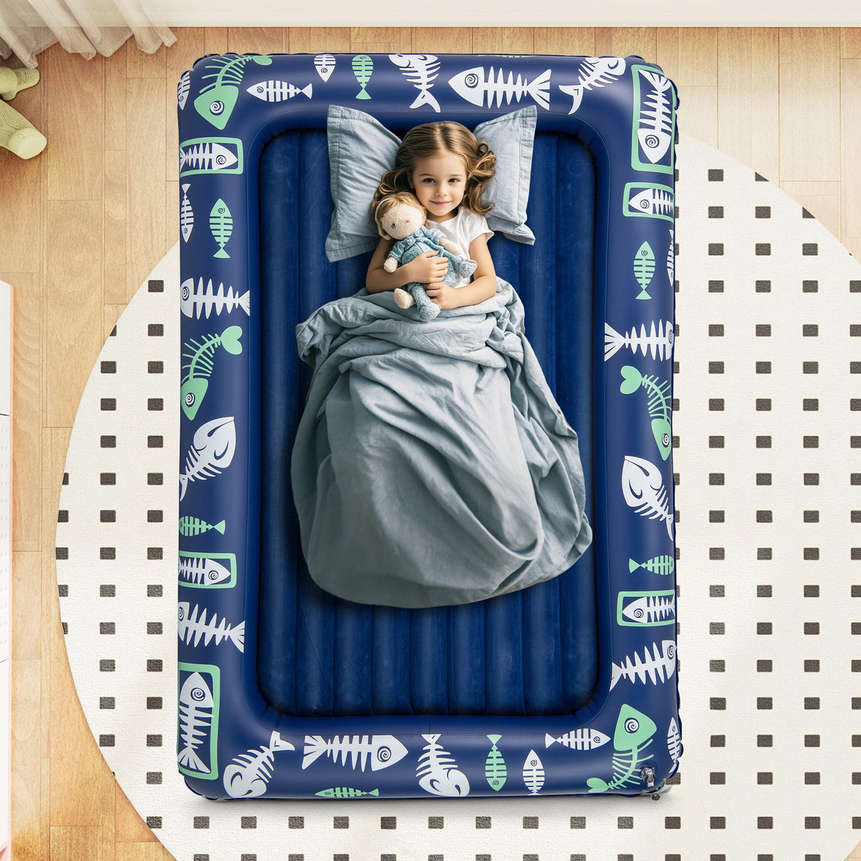 Cama de viaje inflable para niños pequeños con bomba eléctrica y barandillas elevadas
