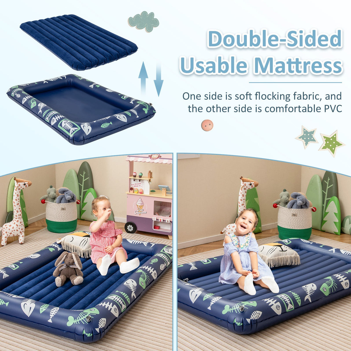 Cama de viaje inflable para niños pequeños con bomba eléctrica y barandillas elevadas