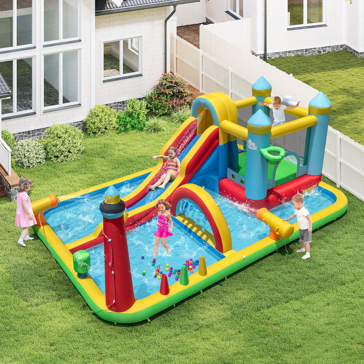 Tobogán de agua hinchable Parque acuático gigante con tobogán largo y soplador de 750 W