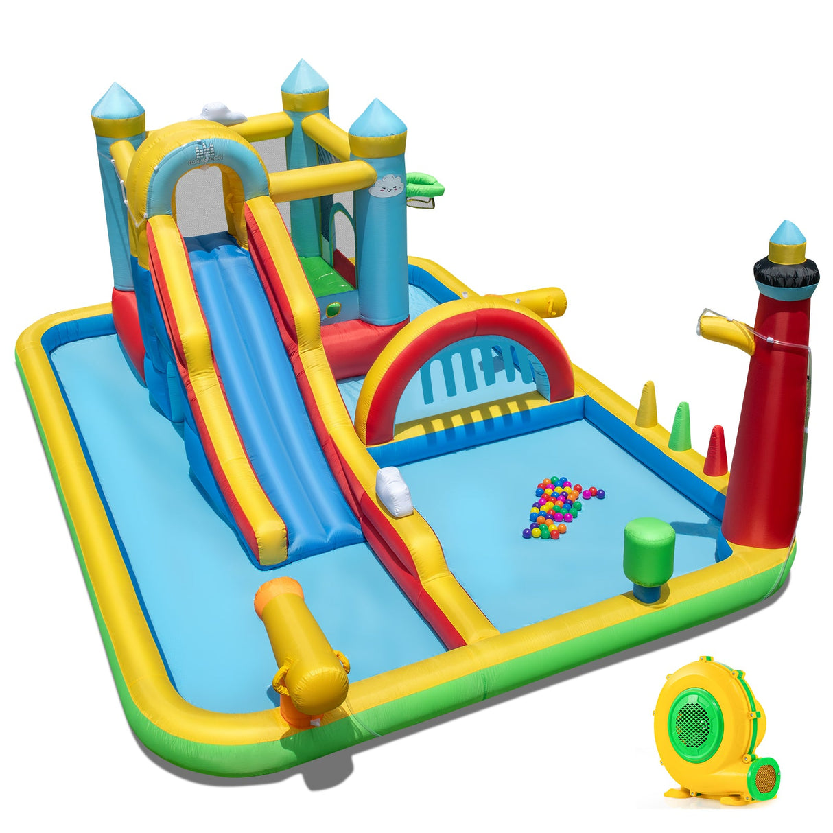Tobogán de agua hinchable Parque acuático gigante con tobogán largo y soplador de 750 W