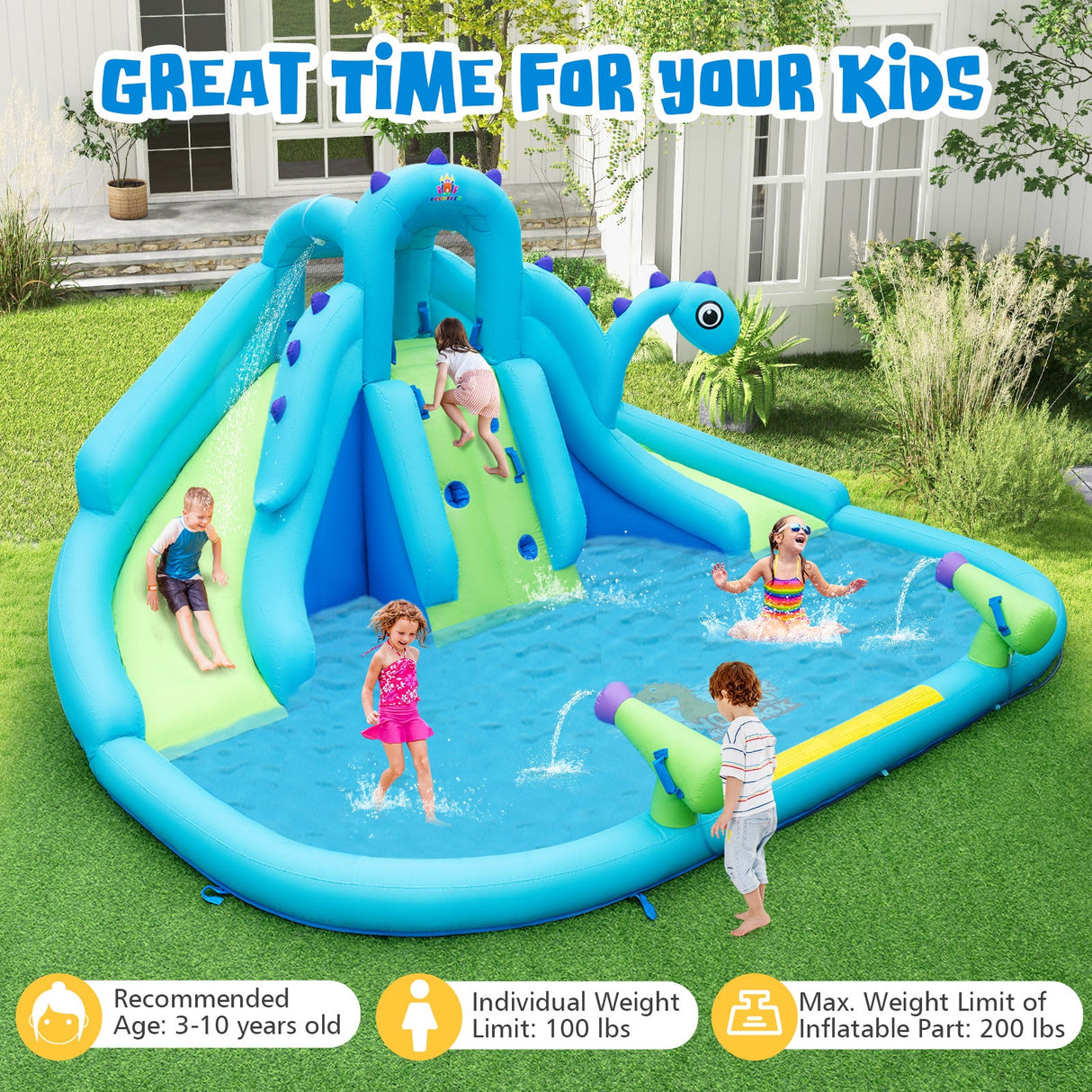 Tobogán Hinchable de Agua con Toboganes Dobles, Piscina Grande y Bolsa de Transporte (con Soplador de 584W)