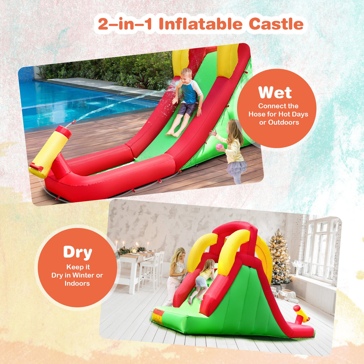 Castillo Hinchable Acuático con Tobogán, Pared de Escalada y Salto con Soplador de 380W