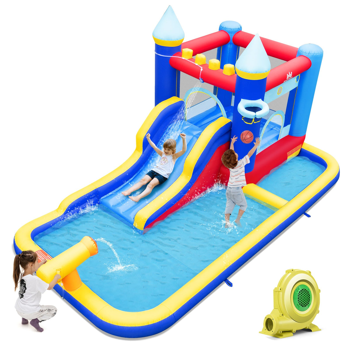 Tobogán acuático inflable con casa de rebote con soplador de 680 W y 2 piscinas