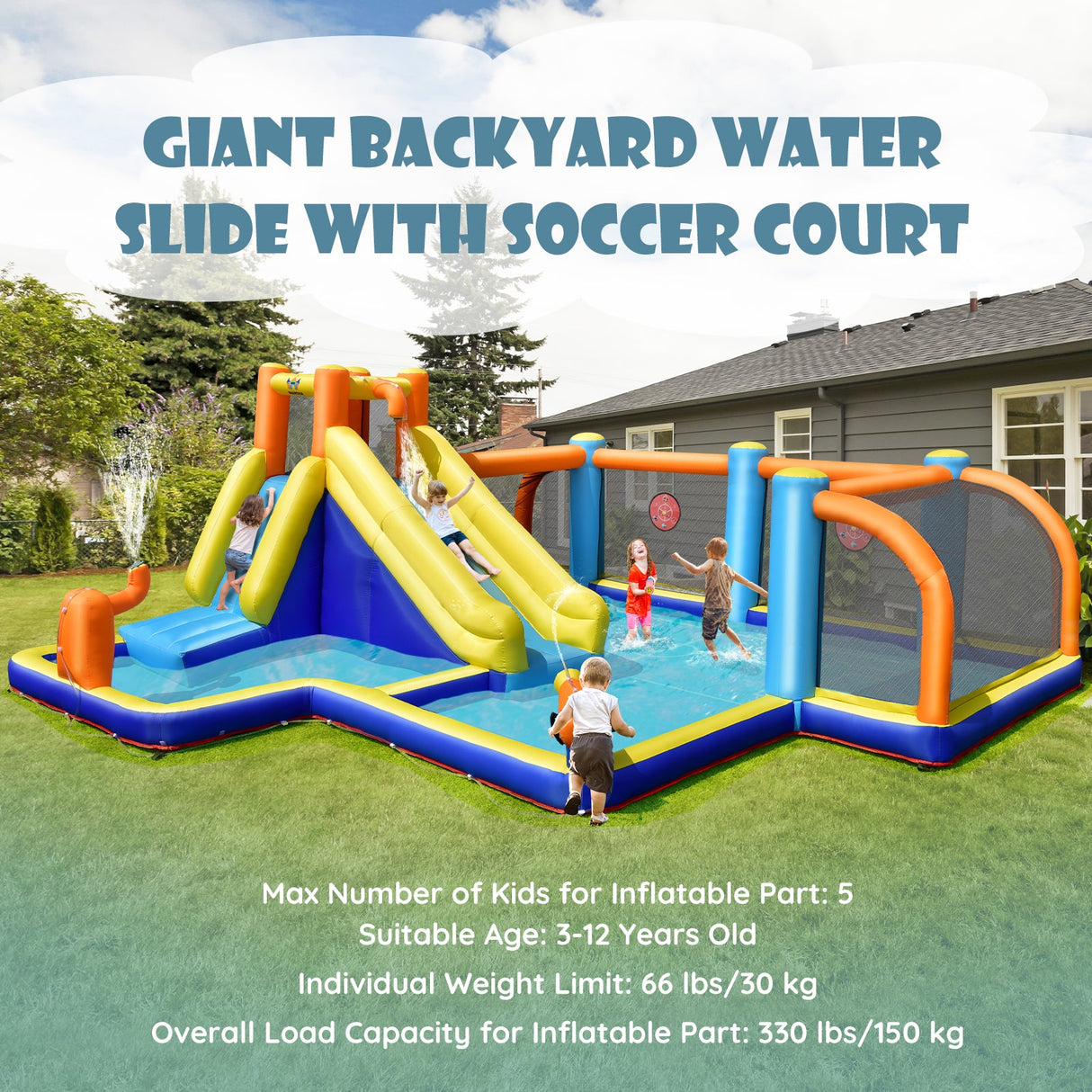 Tobogán Acuático Inflable Gigante Temático de Fútbol con Soplador de 735W
