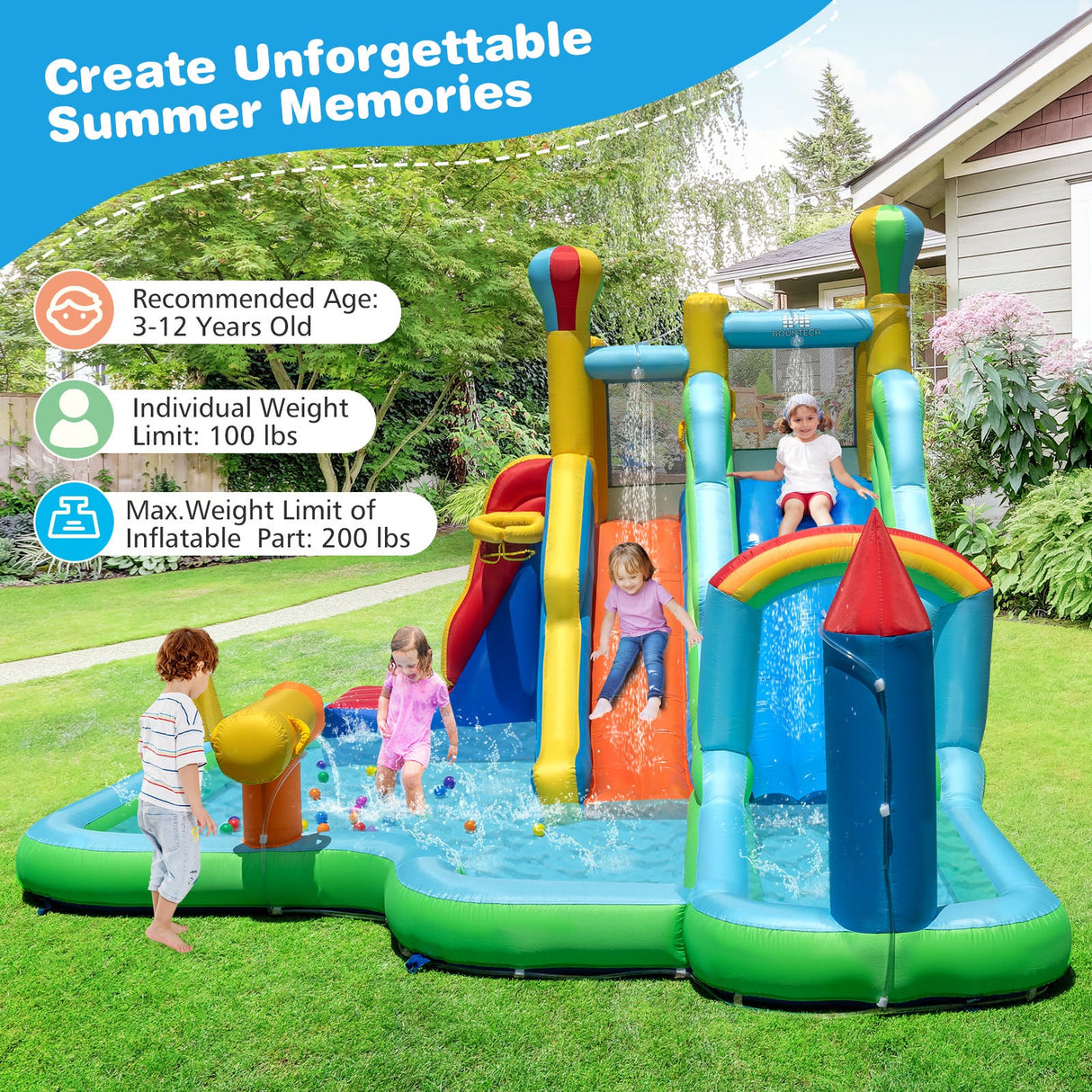 Parque acuático inflable con toboganes gigantes y doble tobogán largo
