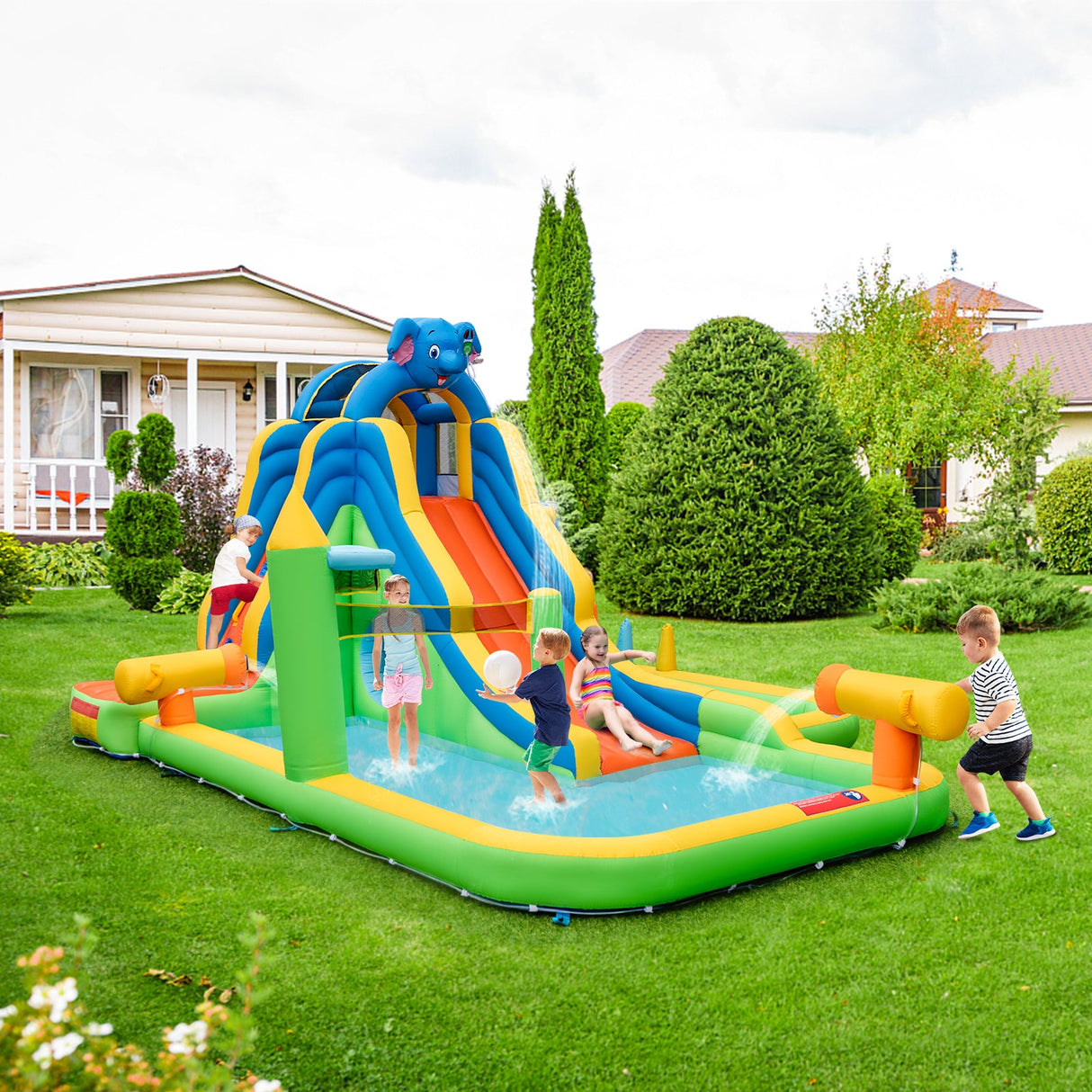Tobogán acuático inflable con piscina y pared de escalada para exteriores e interiores sin soplador