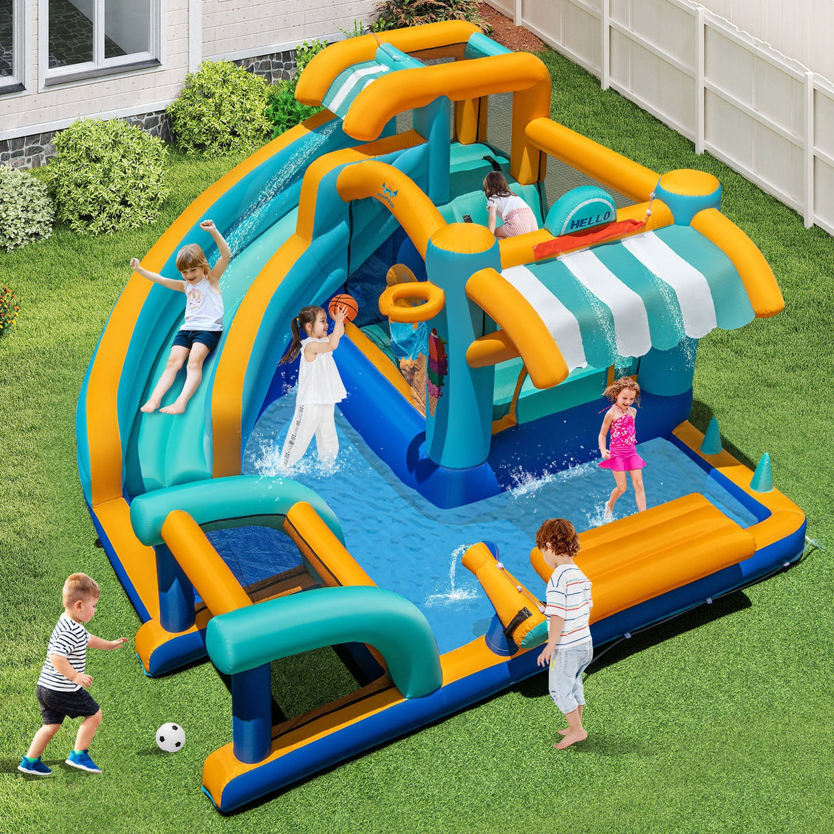 Castillo Hinchable de Agua para Niños con Tobogán y Soplador de 750W