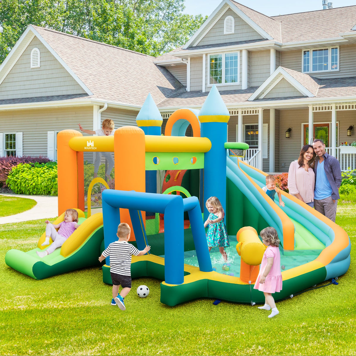 Tobogán de agua inflable con doble tobogán y piscina de salpicaduras (sin soplador)