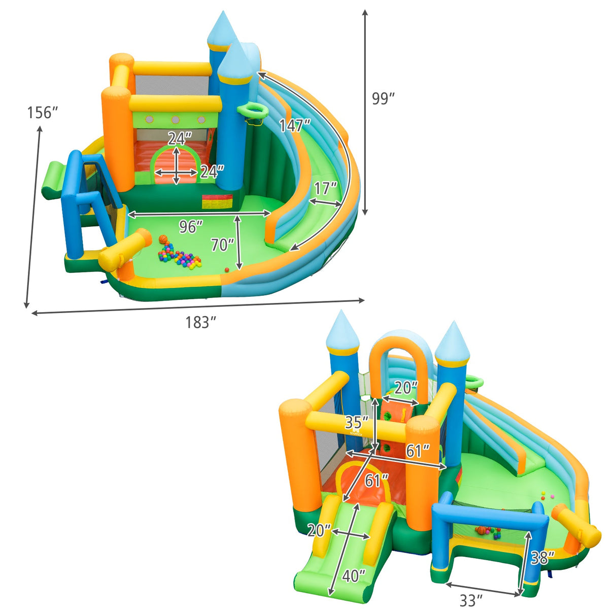 Tobogán de agua inflable con doble tobogán y piscina de salpicaduras (sin soplador)