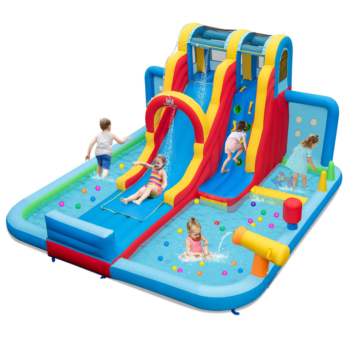 Parque Acuático Hinchable con Tobogán Largo y Piscinas de Salpicaduras y Piscina de Bolas con Soplador de 735W