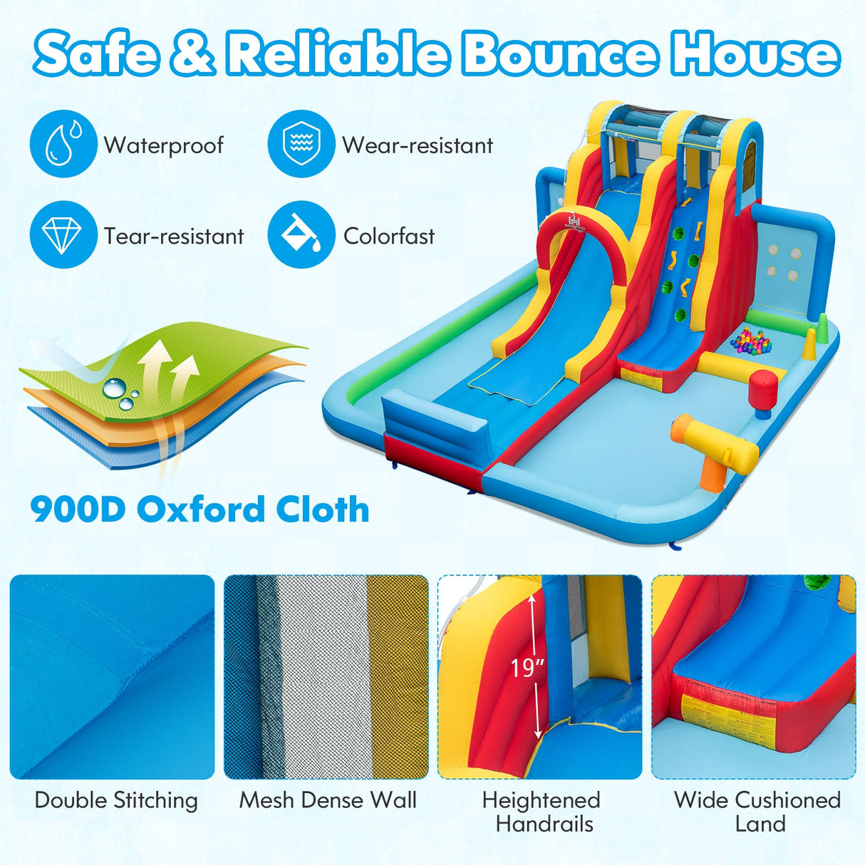 Parque Acuático Hinchable con Tobogán Largo y Piscinas de Salpicaduras y Piscina de Bolas con Soplador de 735W