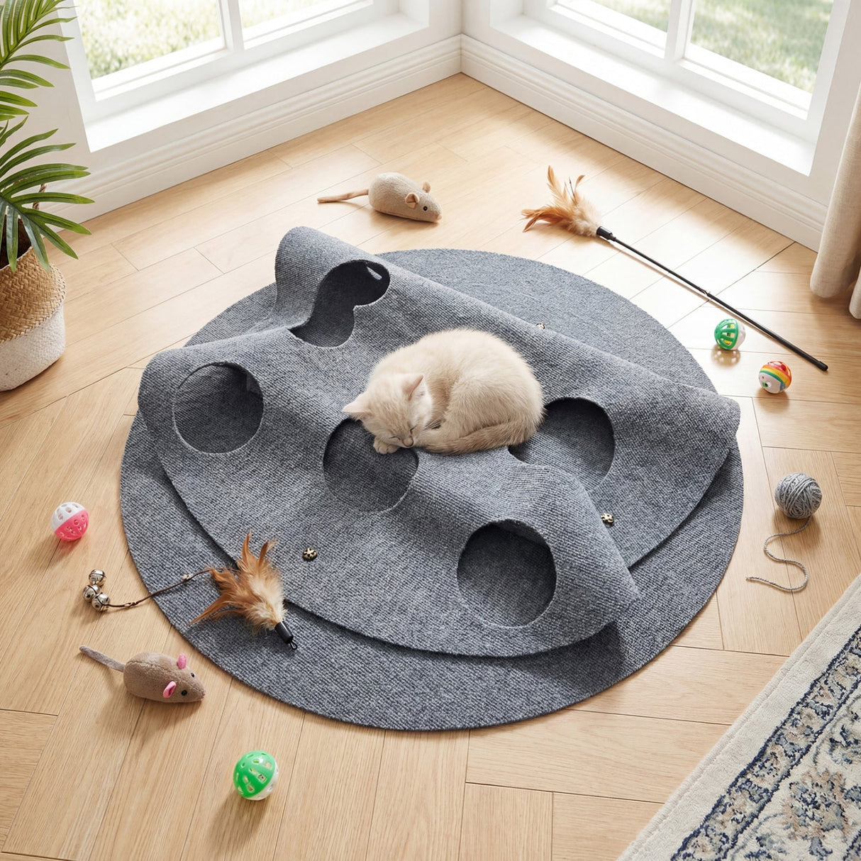 Interactive Foldable Cat Tunnel for Indoor Cats 40” Round Large Enrichment Play Felt Mat