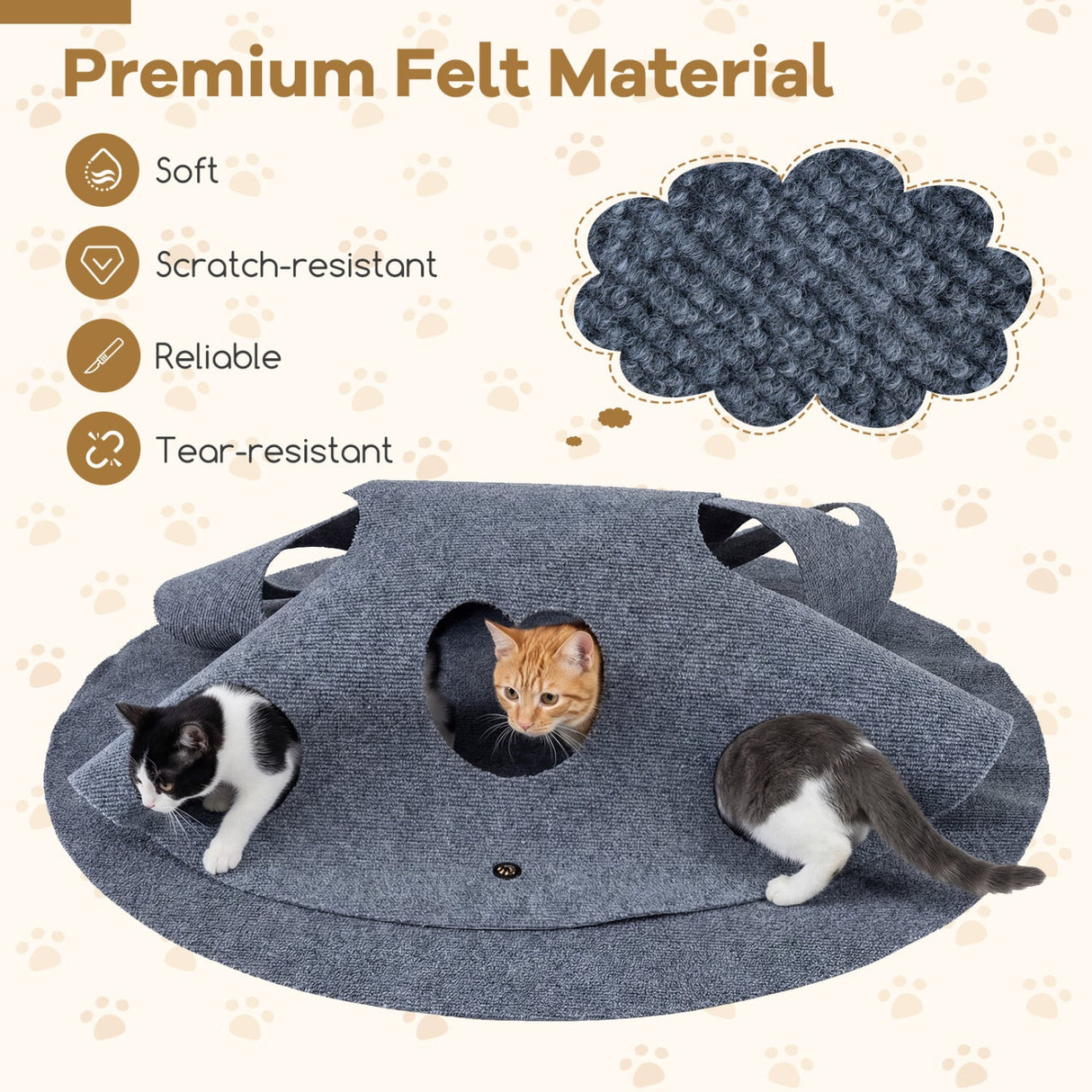 Interactive Foldable Cat Tunnel for Indoor Cats 40” Round Large Enrichment Play Felt Mat
