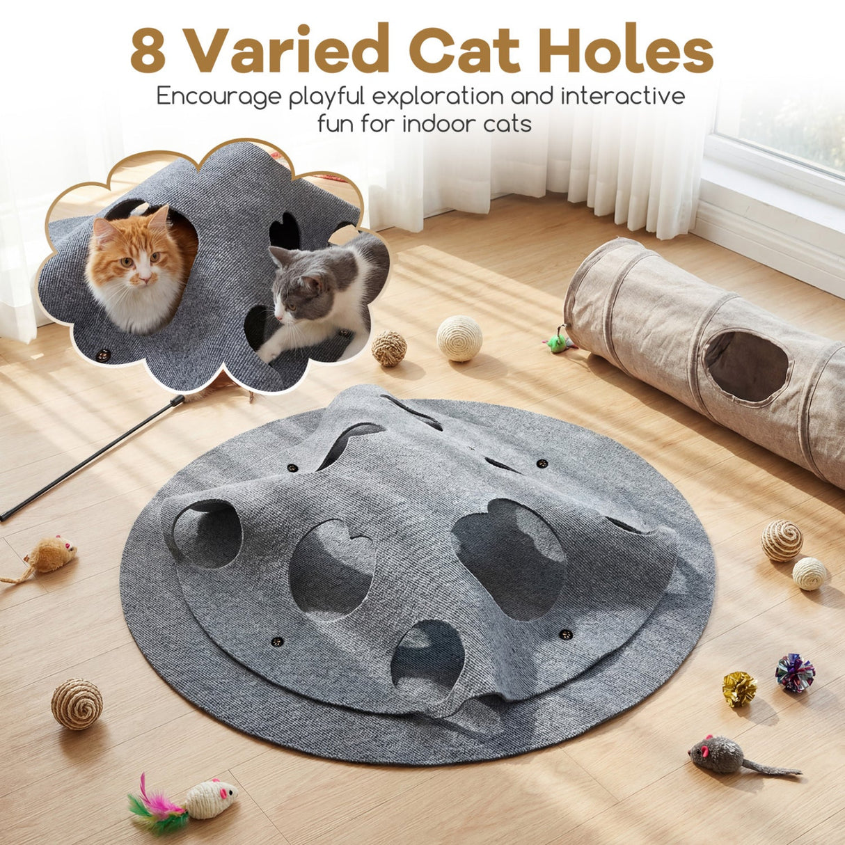 Interactive Foldable Cat Tunnel for Indoor Cats 40” Round Large Enrichment Play Felt Mat