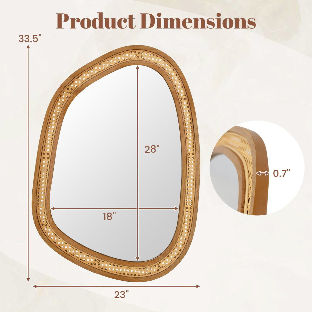 Espejo de pared de ratán de PVC irregular de 33 x 23.5 pulgadas con marco de madera - Natural