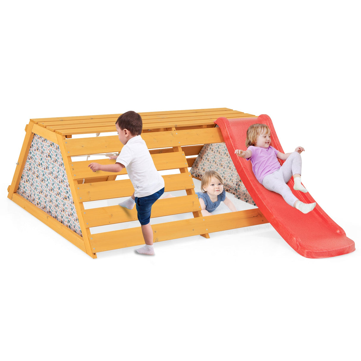 Parque infantil de madera 5 en 1 con tobogán, rocódromo y pared para escalar con cuerda