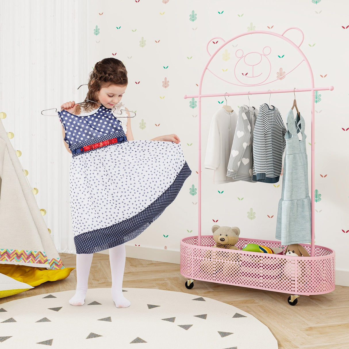 Perchero para ropa infantil con 3 alturas ajustables y ruedas
