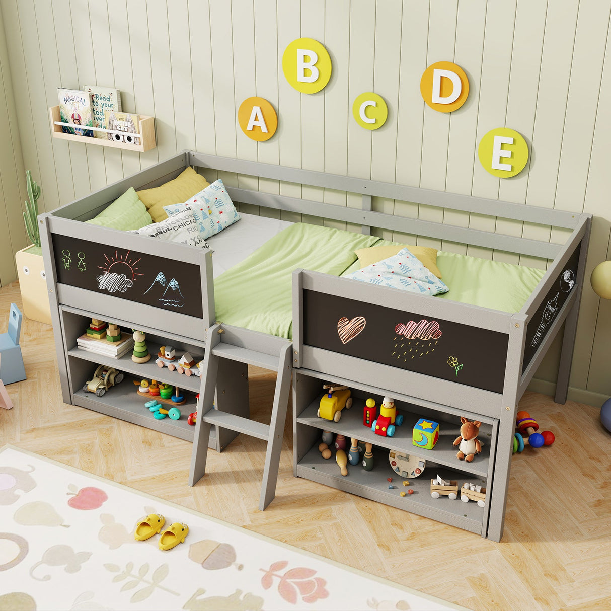 Cama semialta individual para niños con rampa de pizarra, escalera y estanterías