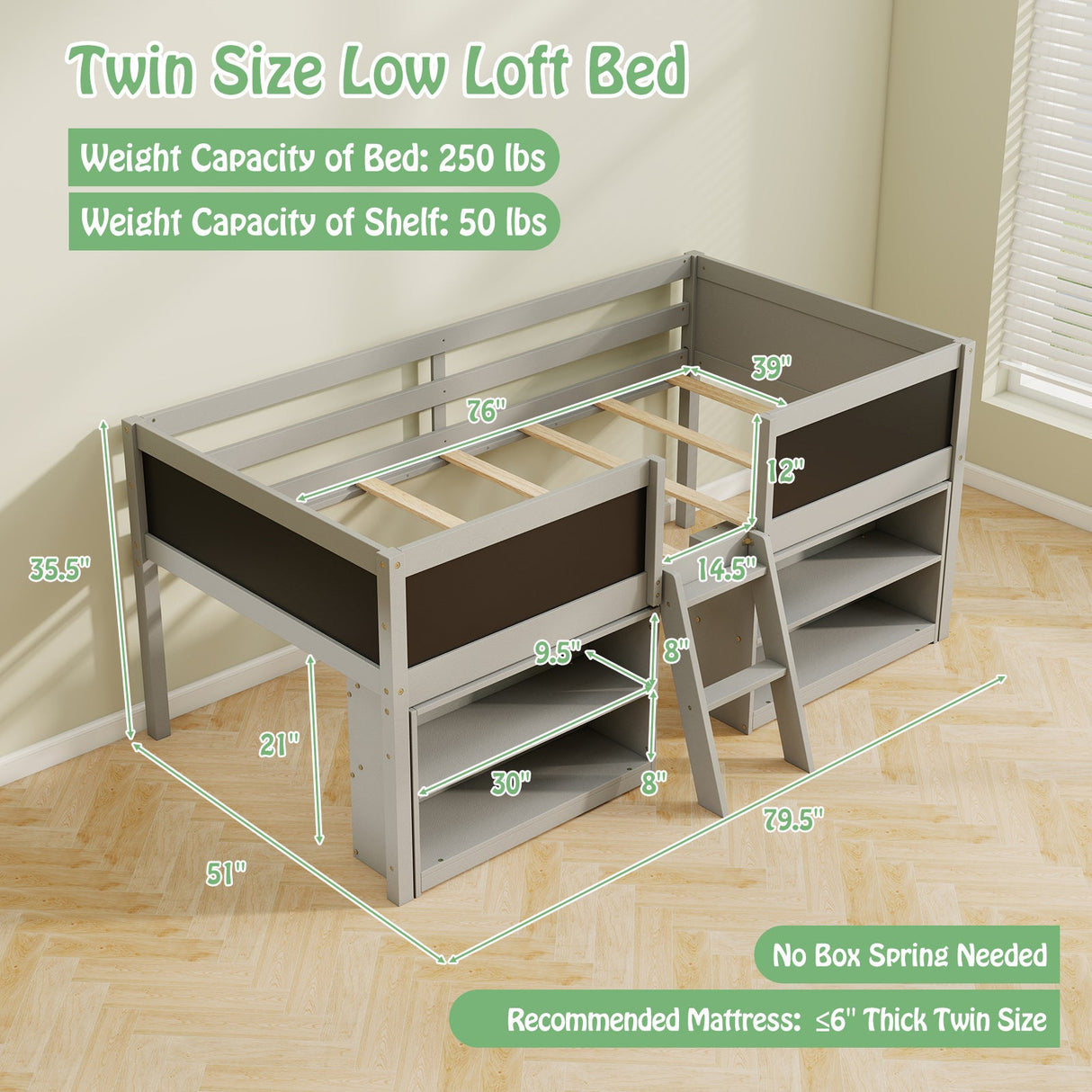 Cama semialta individual para niños con rampa de pizarra, escalera y estanterías