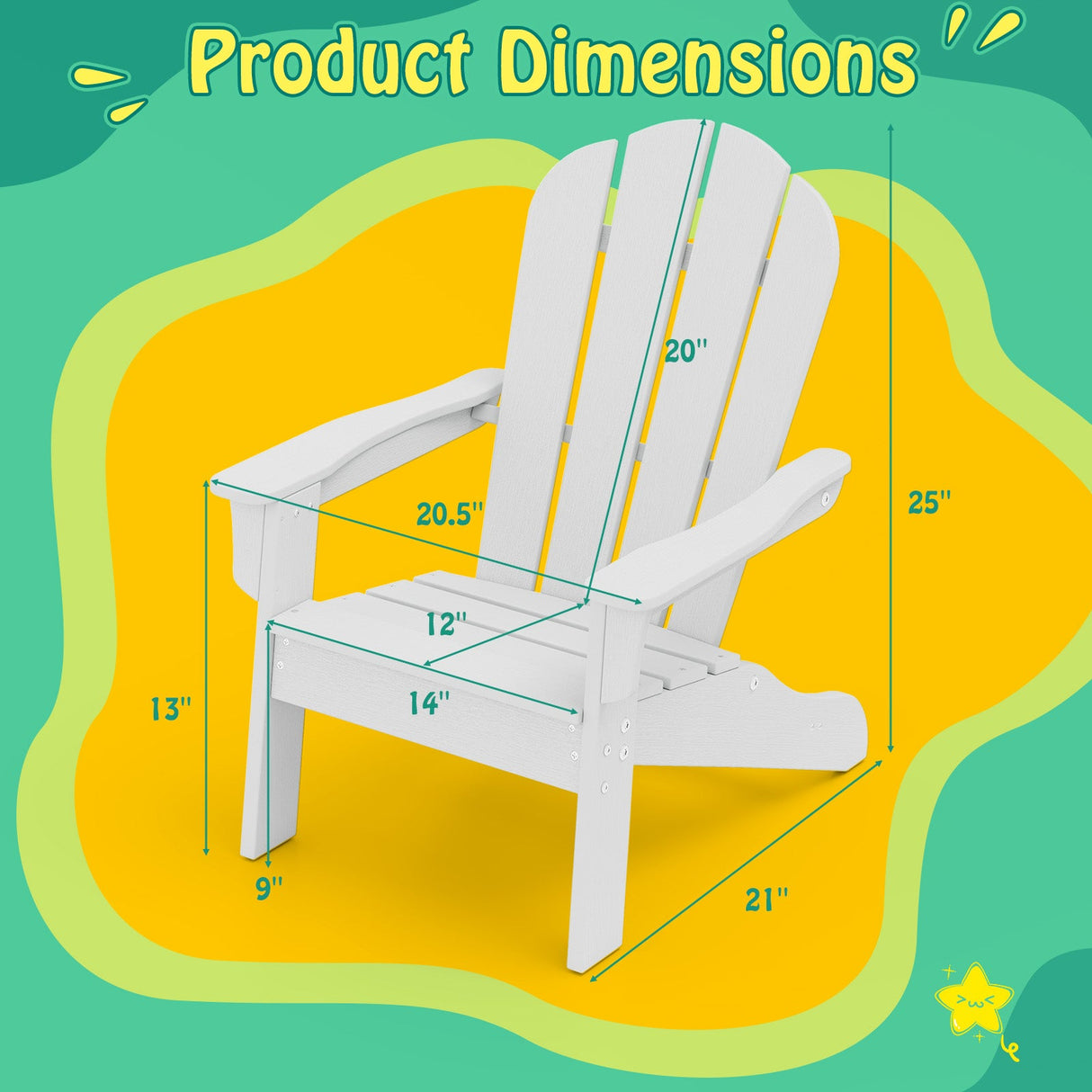 Sillón Adirondack para niños de HDPE para todo clima con respaldo alto y apoyabrazos - Blanco