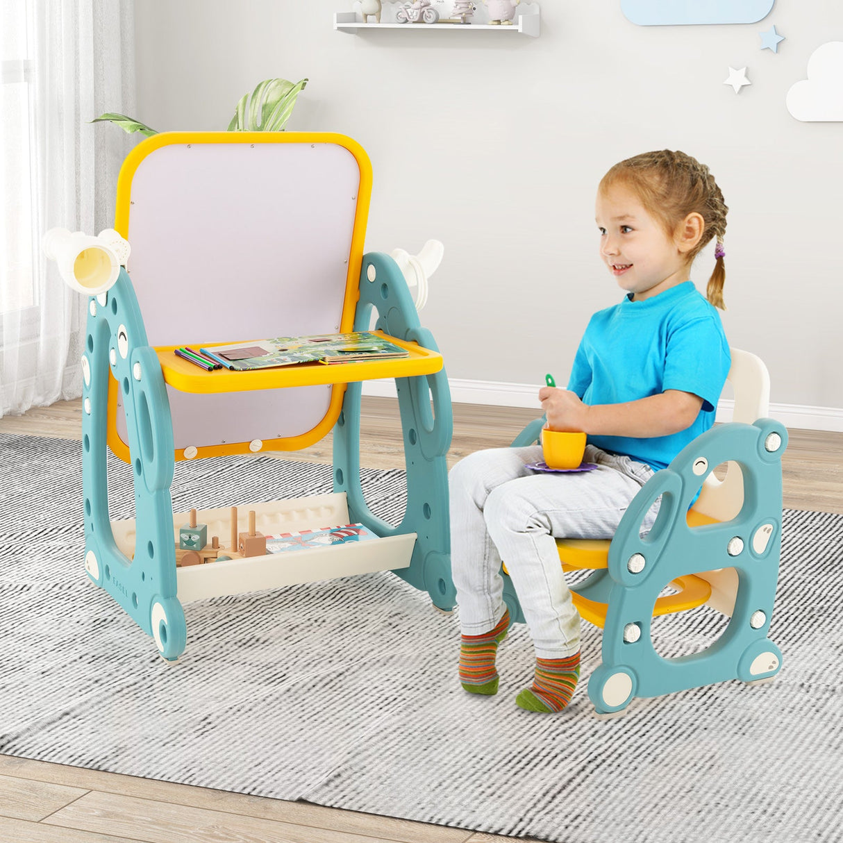 Caballete de arte infantil con silla y pizarra ajustable de 3 niveles - Multicolor