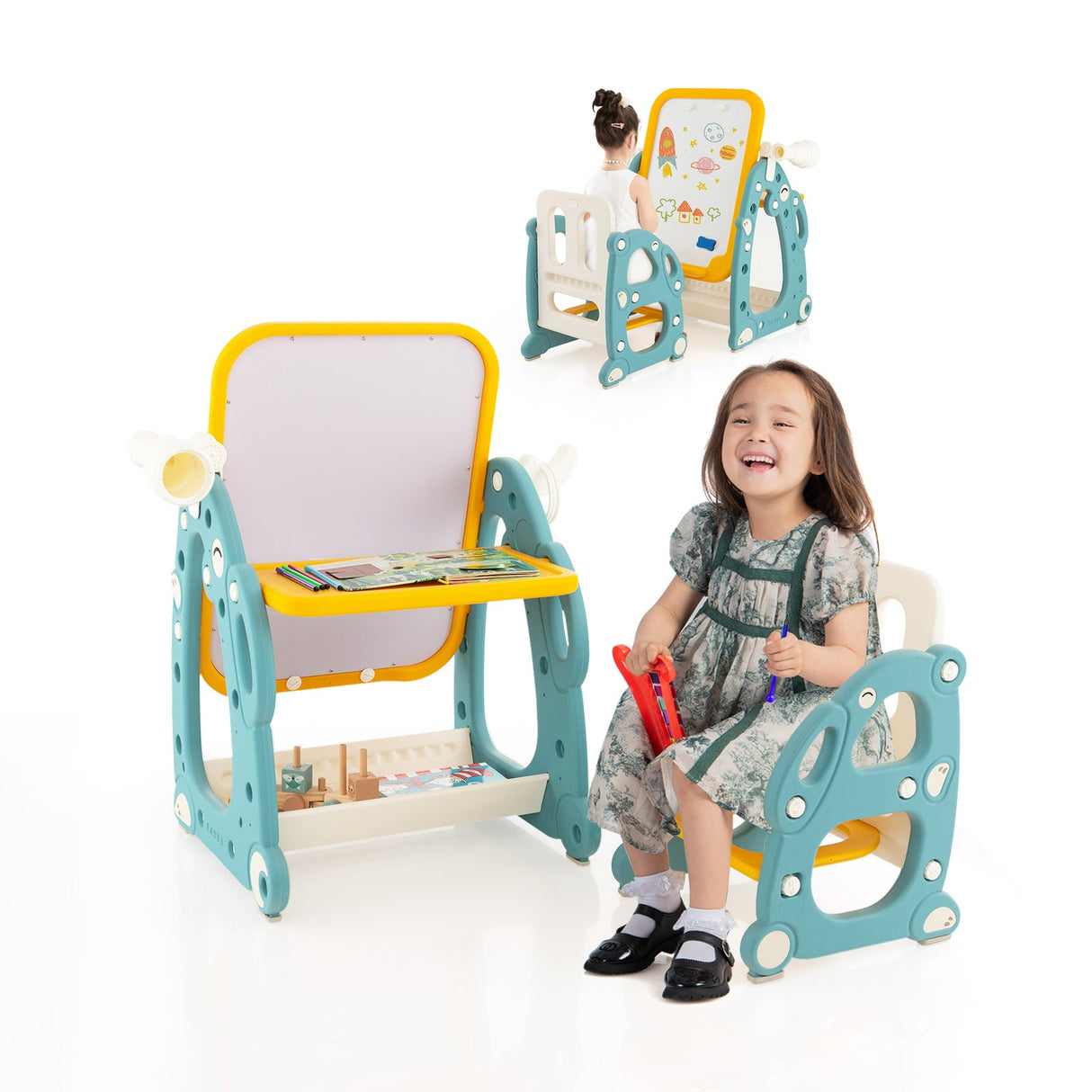 Caballete de arte infantil con silla y pizarra ajustable de 3 niveles - Multicolor