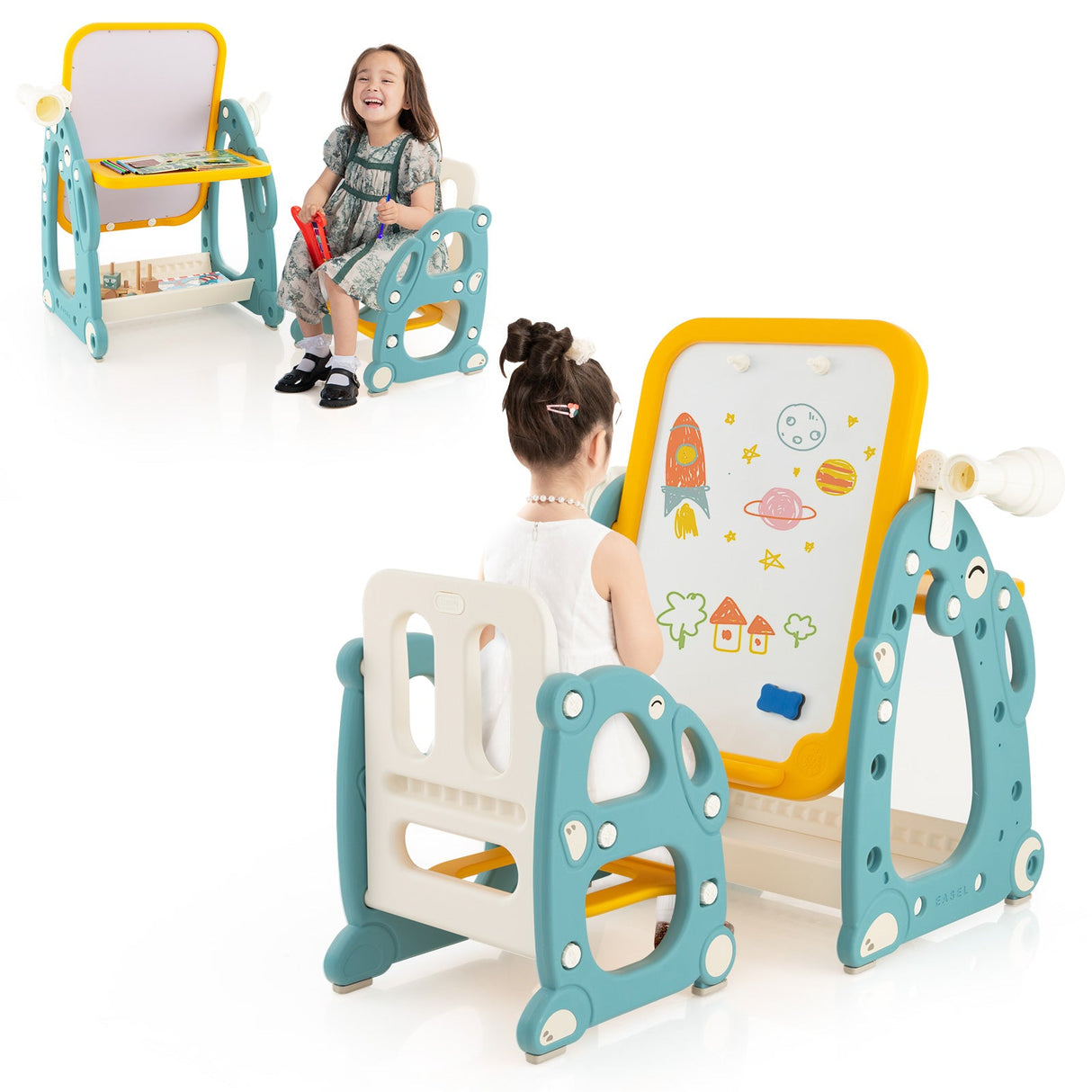 Caballete de arte infantil con silla y pizarra ajustable de 3 niveles - Multicolor